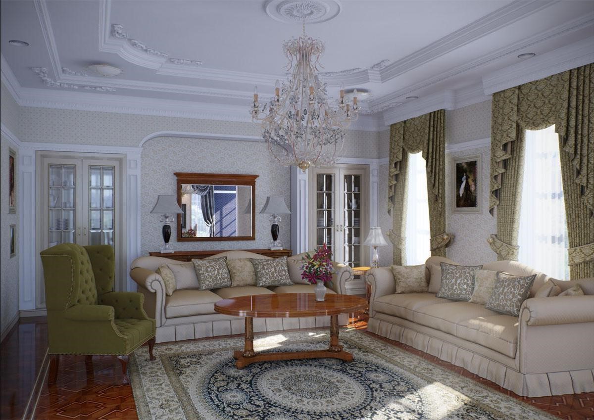 Phòng khách với sofa kem, ghế xanh lá, đèn chùm pha lê và thảm hoa văn trên sàn.