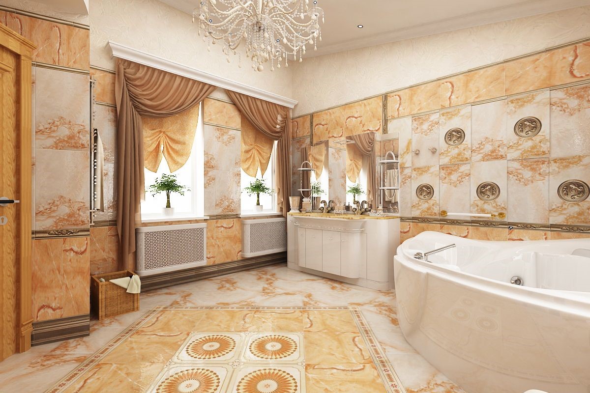 Phòng tắm cổ điển ốp đá hoa văn, bồn tắm oval và đèn chùm pha lê