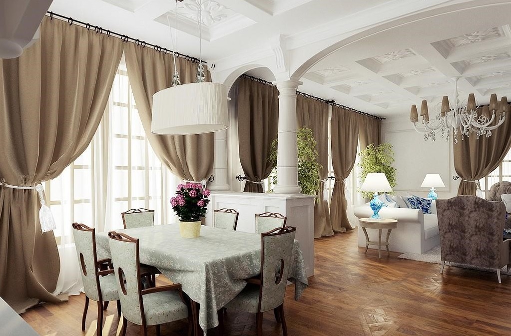 Góc phòng ăn và phòng khách cổ điển với cột trụ trắng và sàn gỗ lát chéo