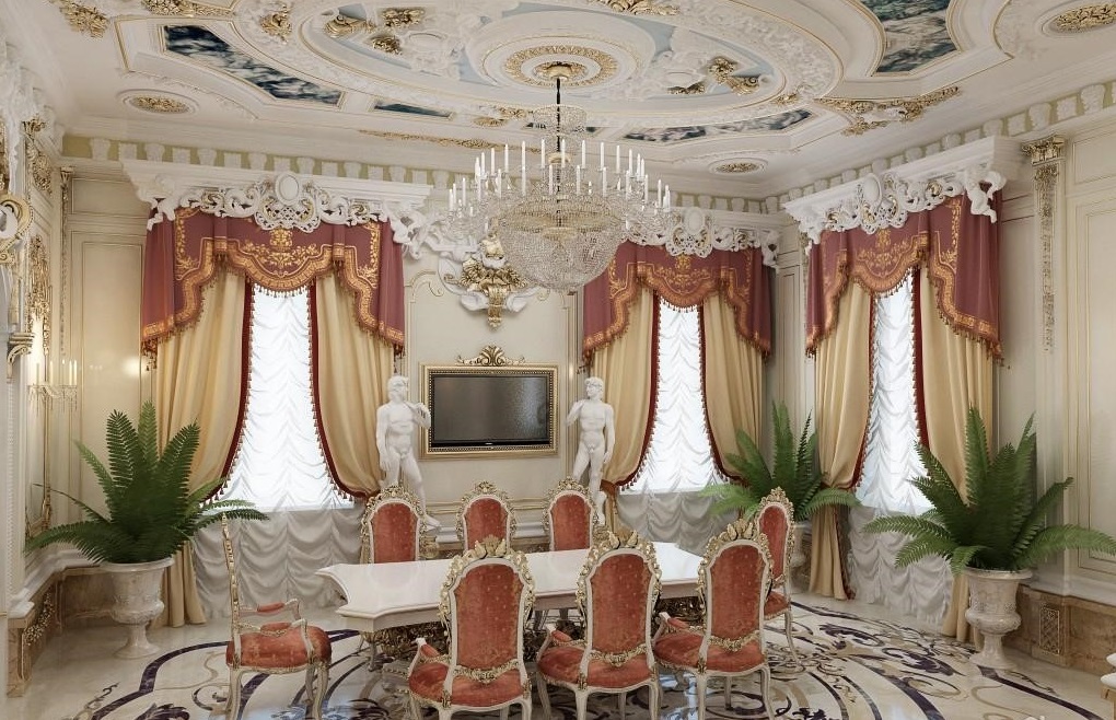 Phòng ăn phong cách Baroque với rèm nhung đỏ, tượng đá và đèn chùm pha lê