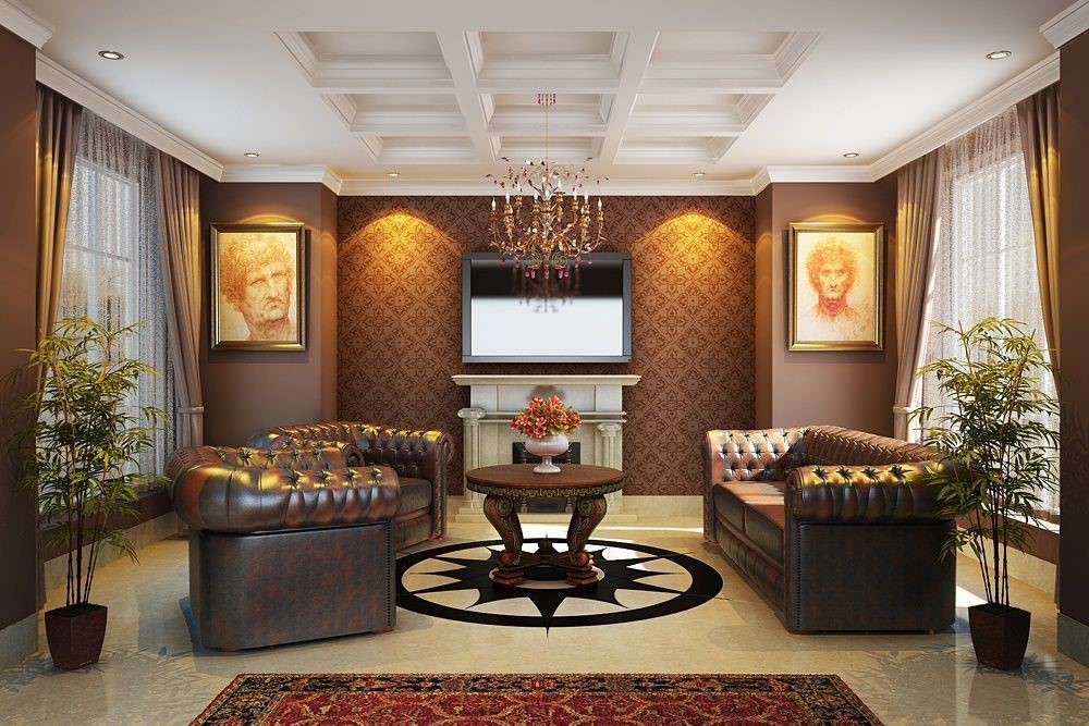 Phòng khách cổ điển với sofa Chesterfield màu nâu và lò sưởi giả